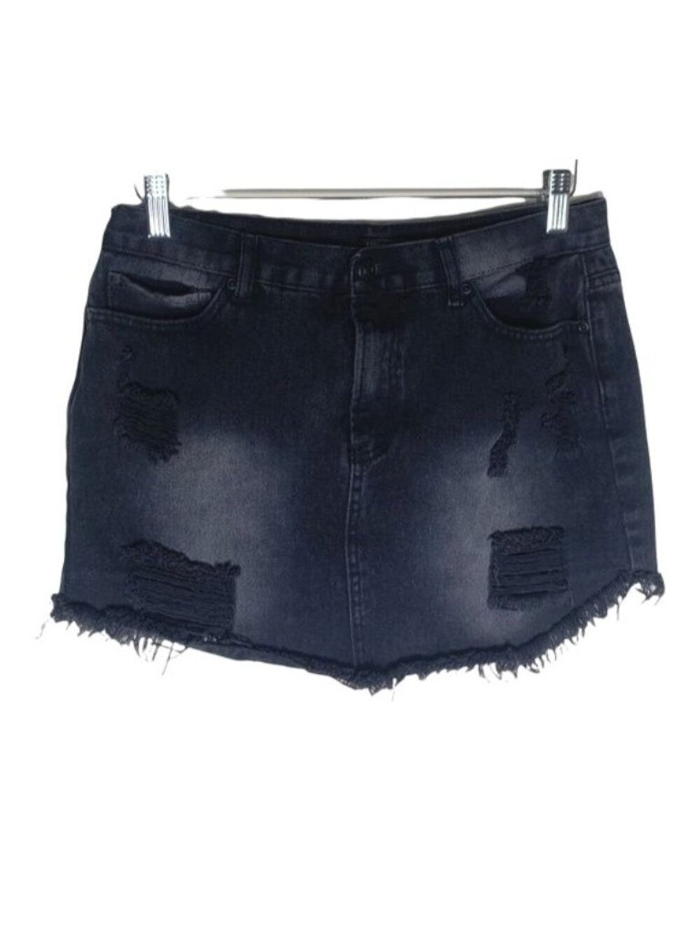 Forever 21 Denim Mini Skirt Black Distressed Ripped Frayed Hem Cutoff Size 30